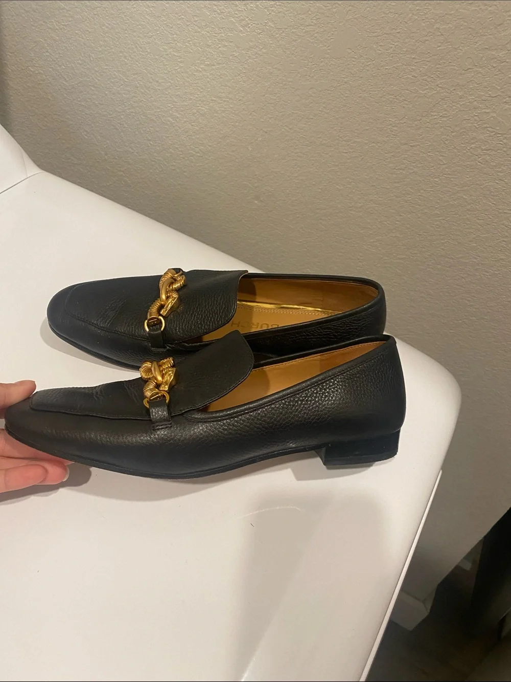 Tory Burch Black Leather Loafers with Gold Chain Hardware